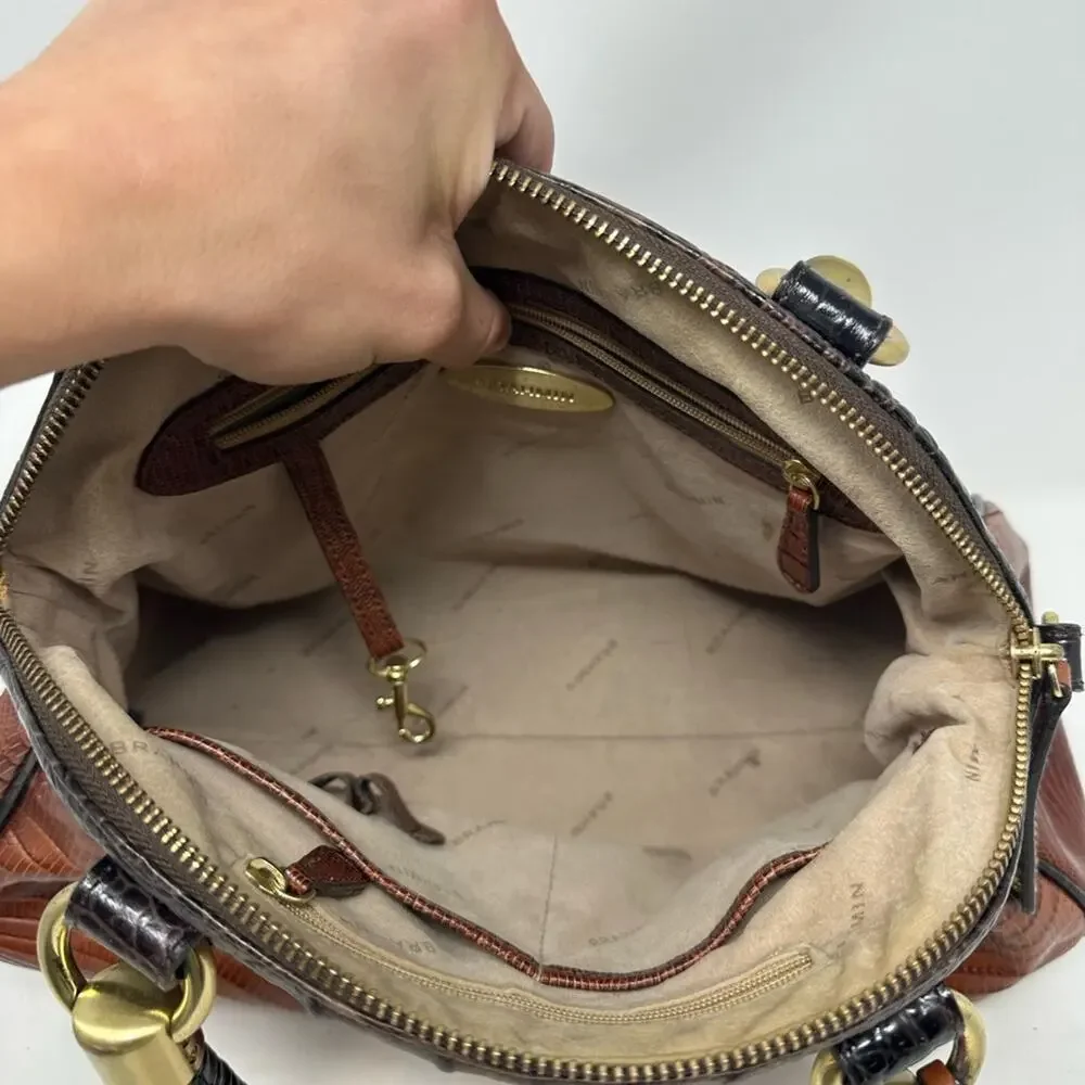 Brahmin Lisa Satchel Bag Cognac Tri-Texture Croc Lizard Brown Gold Tone
